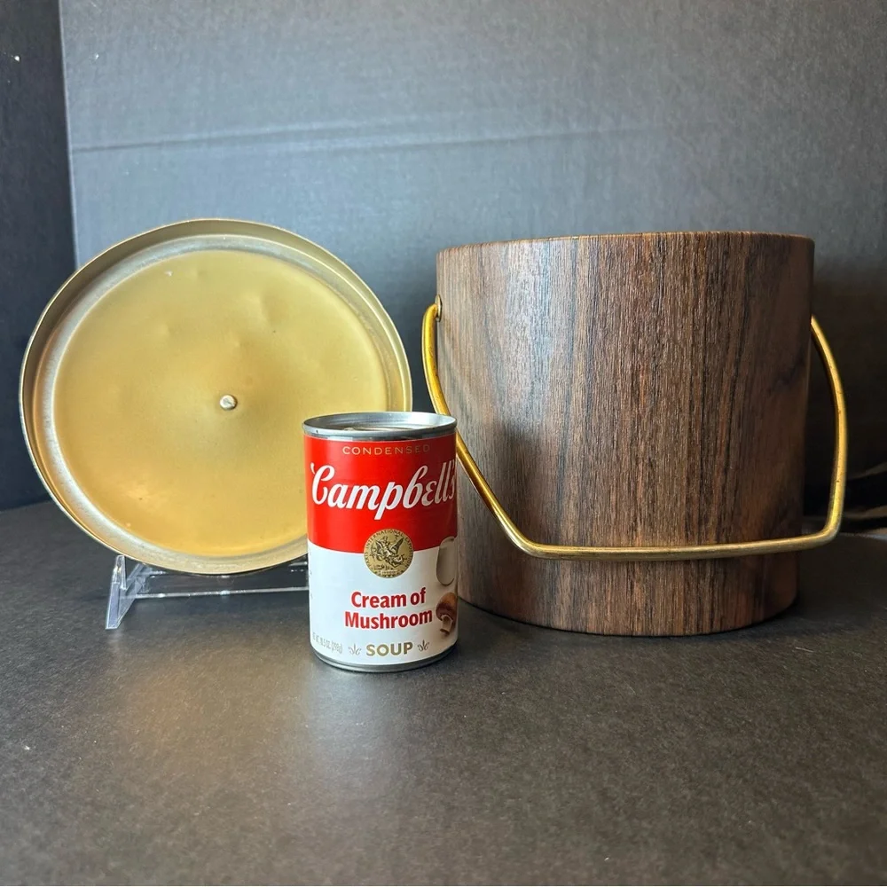 Vintage MCM Ice Bucket Faux Wood Grain Vinyl w/Lid Mid Century Barware 70s USA